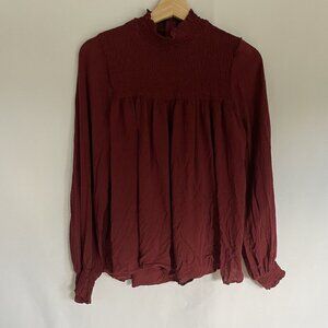 Knox Rose red ruched top long sleeves rayon comfort shirt cottage core size M